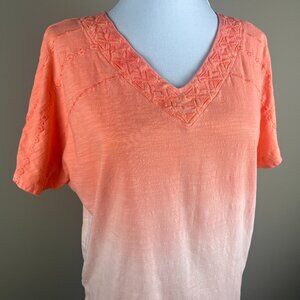 Chico's Short Sleeve Tee Top Size M Orange Ombre, Cap Sleeve, V-neck Embroidered